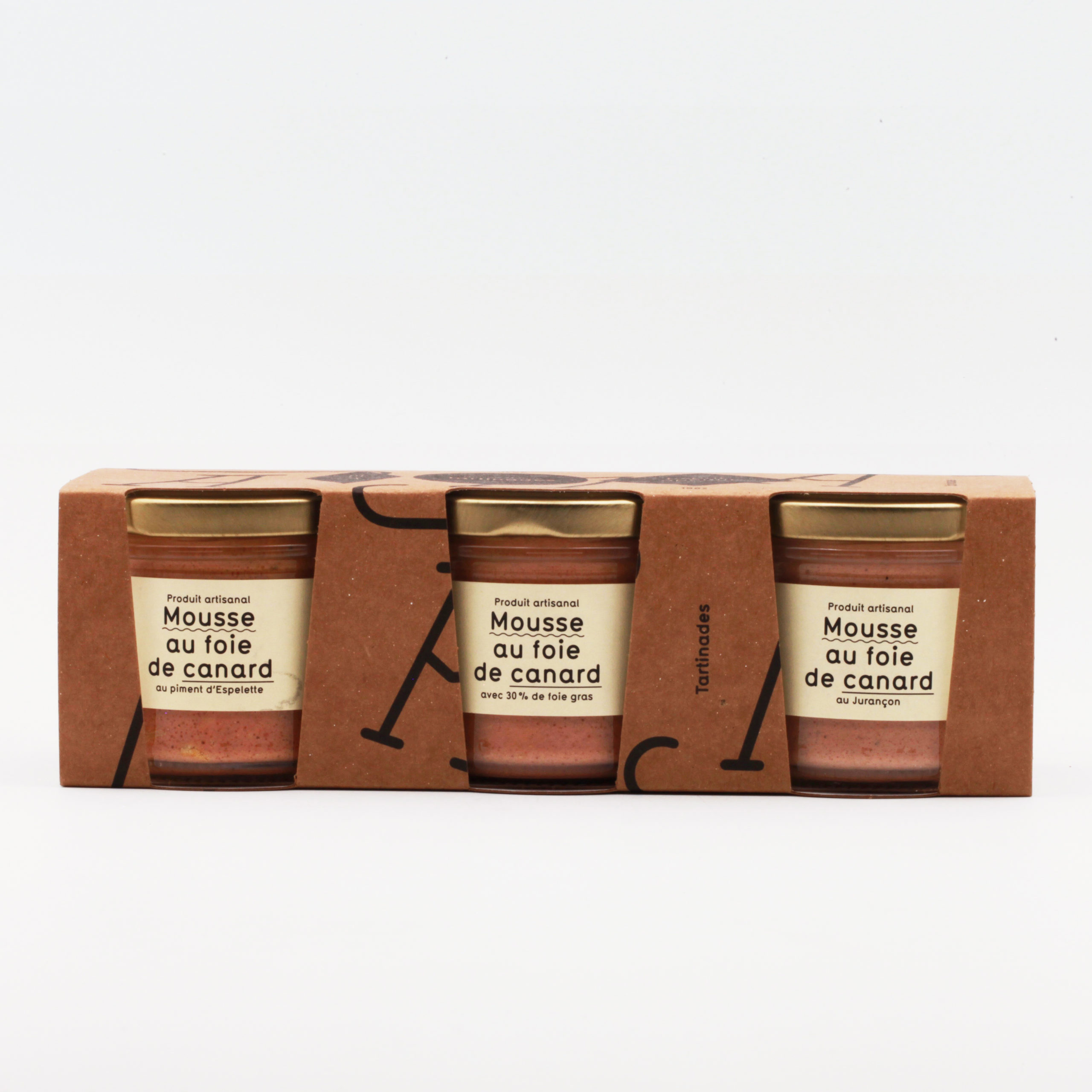 Coffret : mousse de canard au foie de canard au piment d'Espelette, mousse au foie de canard avec 30% de foie gras, mousse au foie de canard au Jurançon